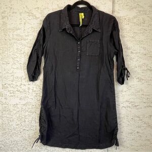 Green Dragon Black Linen Dress Medium Ruched Sides Arms Lagonlook Made in USA